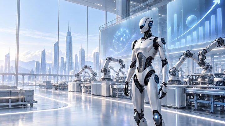 Illustration d’un robot humanoïde dans une usine robotisée évoquant le financement de son industrialisation