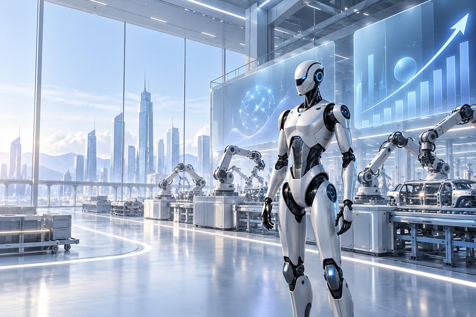 Illustration d’un robot humanoïde dans une usine robotisée évoquant le financement de son industrialisation
