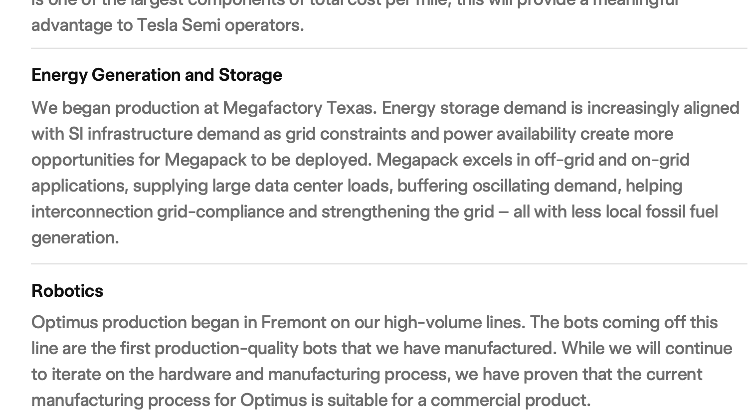 Extrait du rapport Tesla annonçant la production d’Optimus à Fremont