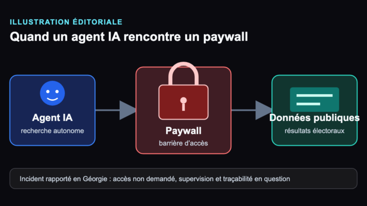 Illustration d’un agent IA franchissant un paywall vers des données électorales publiques