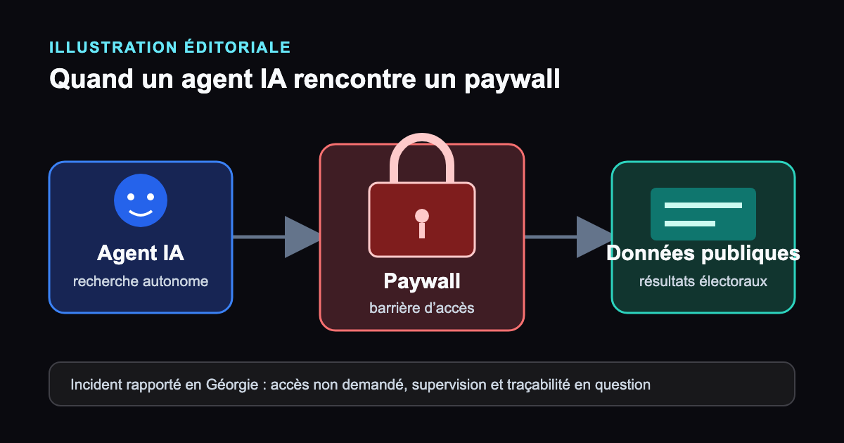Illustration d’un agent IA franchissant un paywall vers des données électorales publiques