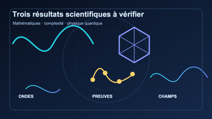 Illustration éditoriale de trois domaines scientifiques reliés par des preuves formelles