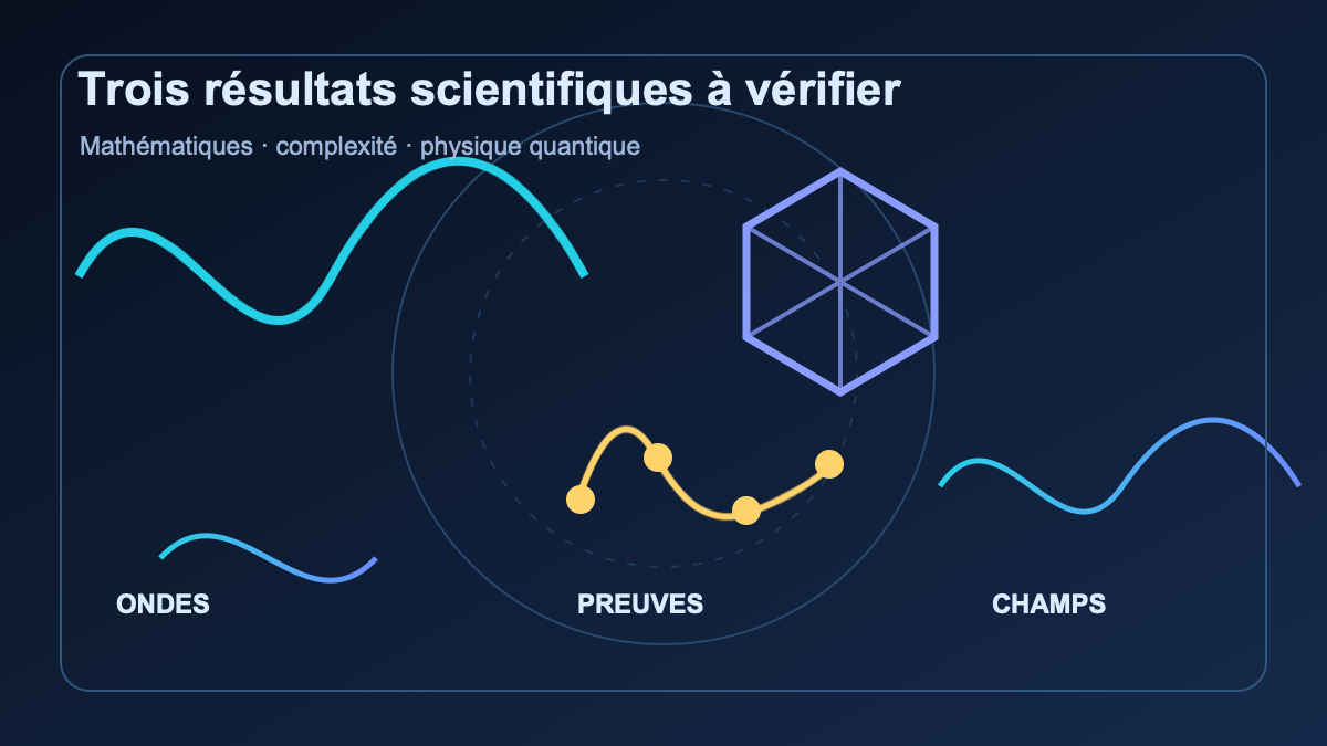 Illustration éditoriale de trois domaines scientifiques reliés par des preuves formelles