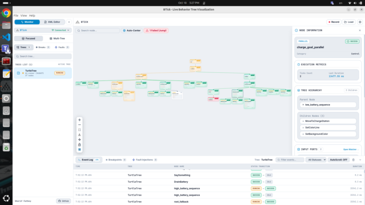 Interface BTick affichant un arbre de comportement ROS 2 et l’état de ses nœuds