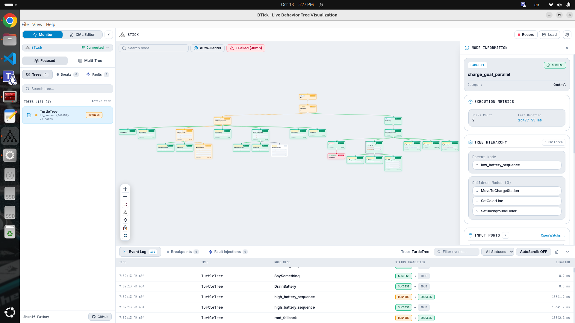 Interface BTick affichant un arbre de comportement ROS 2 et l’état de ses nœuds