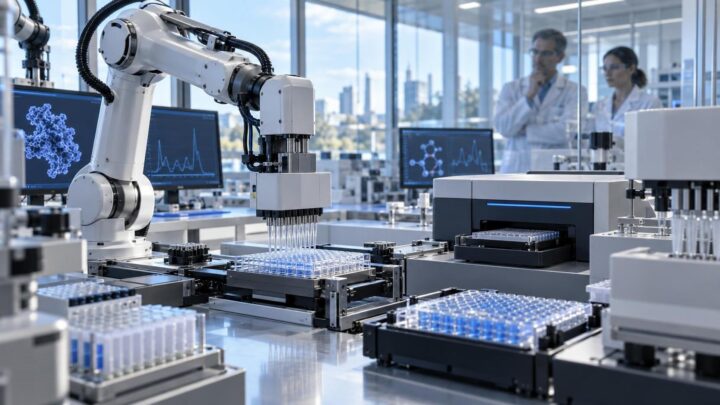 Illustration d’un laboratoire pharmaceutique autonome équipé de bras robotisés