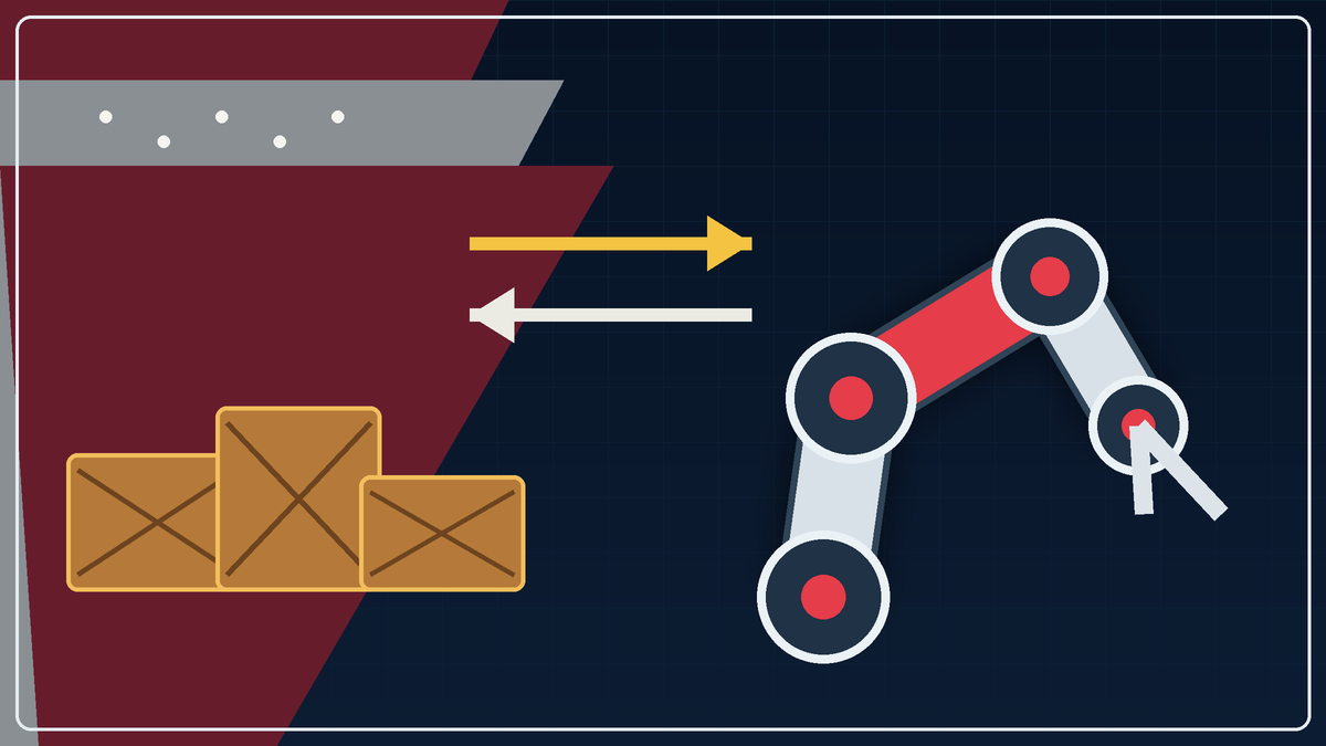 Illustration d’un bras robotique industriel face à des caisses d’importation aux couleurs américaines
