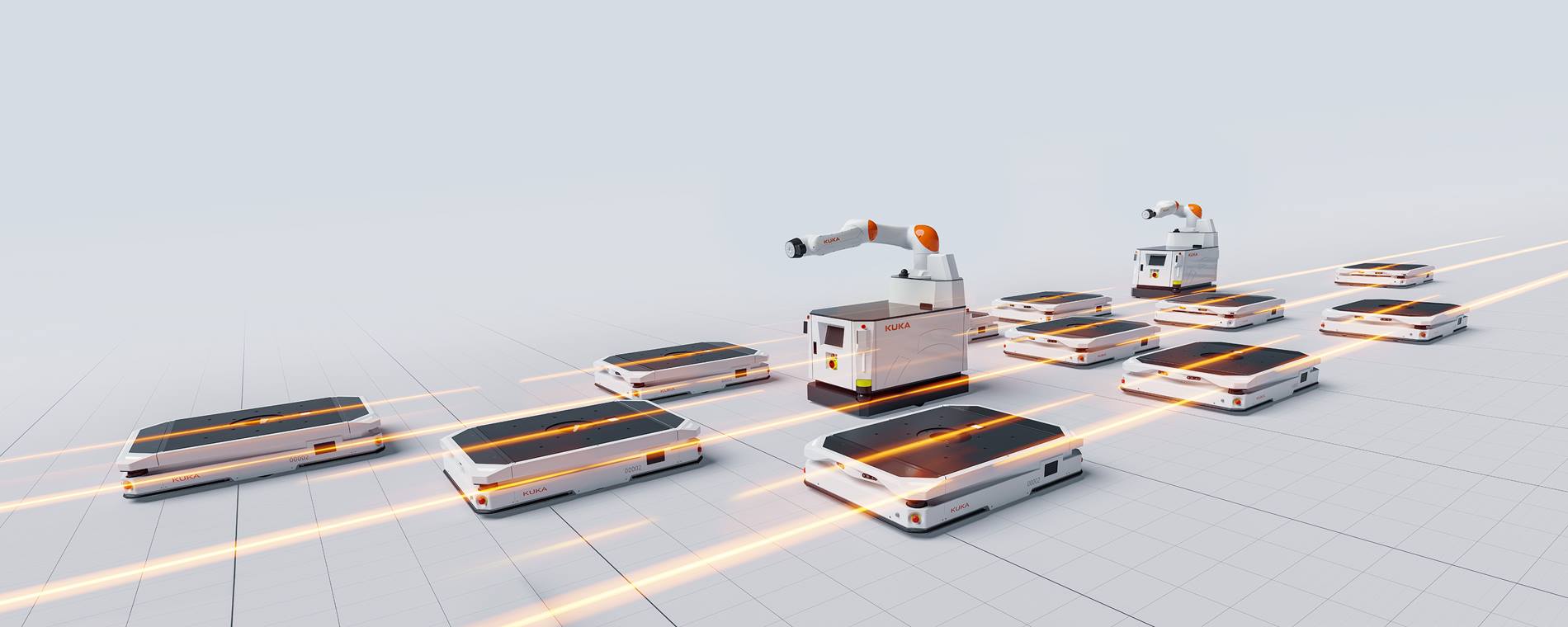 Robots mobiles autonomes KUKA circulant dans un environnement logistique