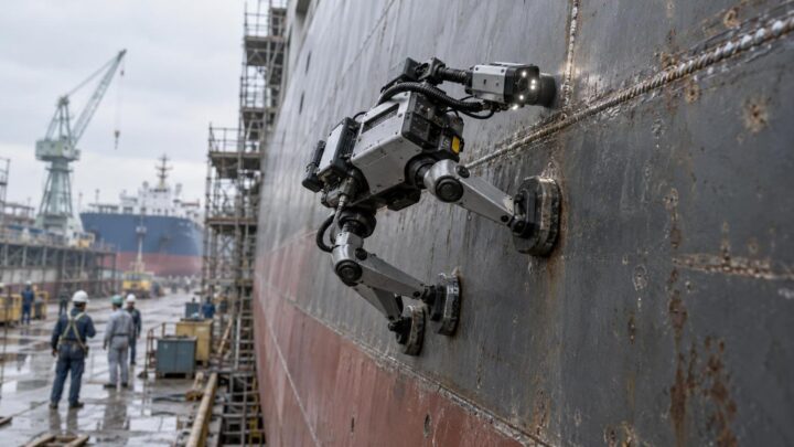 Petit robot quadrupède à pieds magnétiques grimpant sur une coque dans un chantier naval